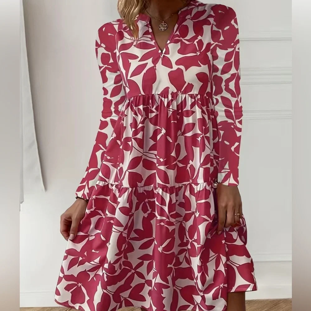 NWT Fall Long Sleeve Plant Print Dress in White and Burgundy  Red Color. - Picture 3 of 13